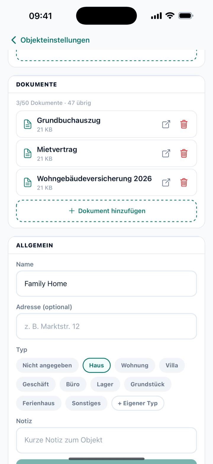 Auch die Dokumente deines Objekts. — property documents screen storing insurance, deed and lease files