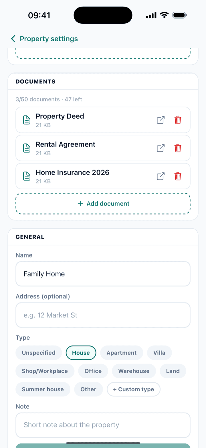 Your property's documents too. — property documents screen storing insurance, deed and lease files