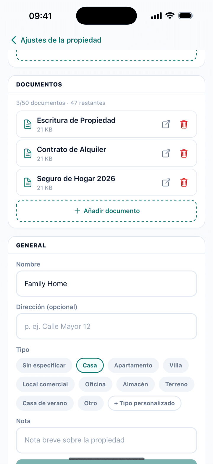 También los documentos de tu inmueble. — property documents screen storing insurance, deed and lease files