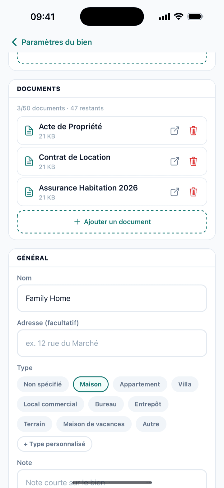 Les documents de ton bien aussi. — property documents screen storing insurance, deed and lease files