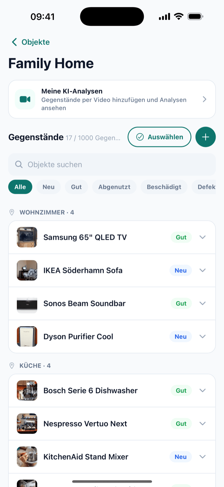 Die Hausinventar-App, die die Dokumentation für dich filmt — Homover home inventory app screen listing items with condition and value