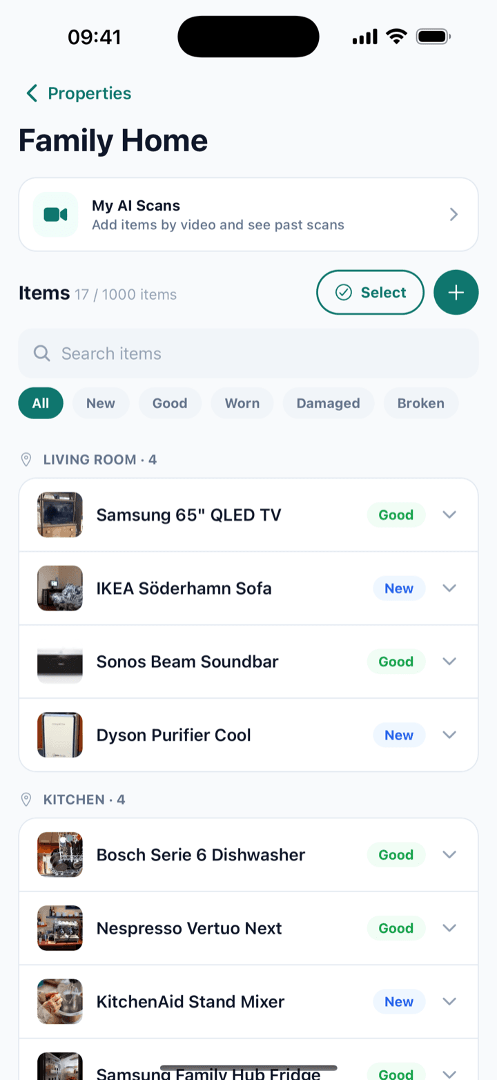 The AI home inventory app that films the paperwork for you — Homover home inventory app screen listing items with condition and value