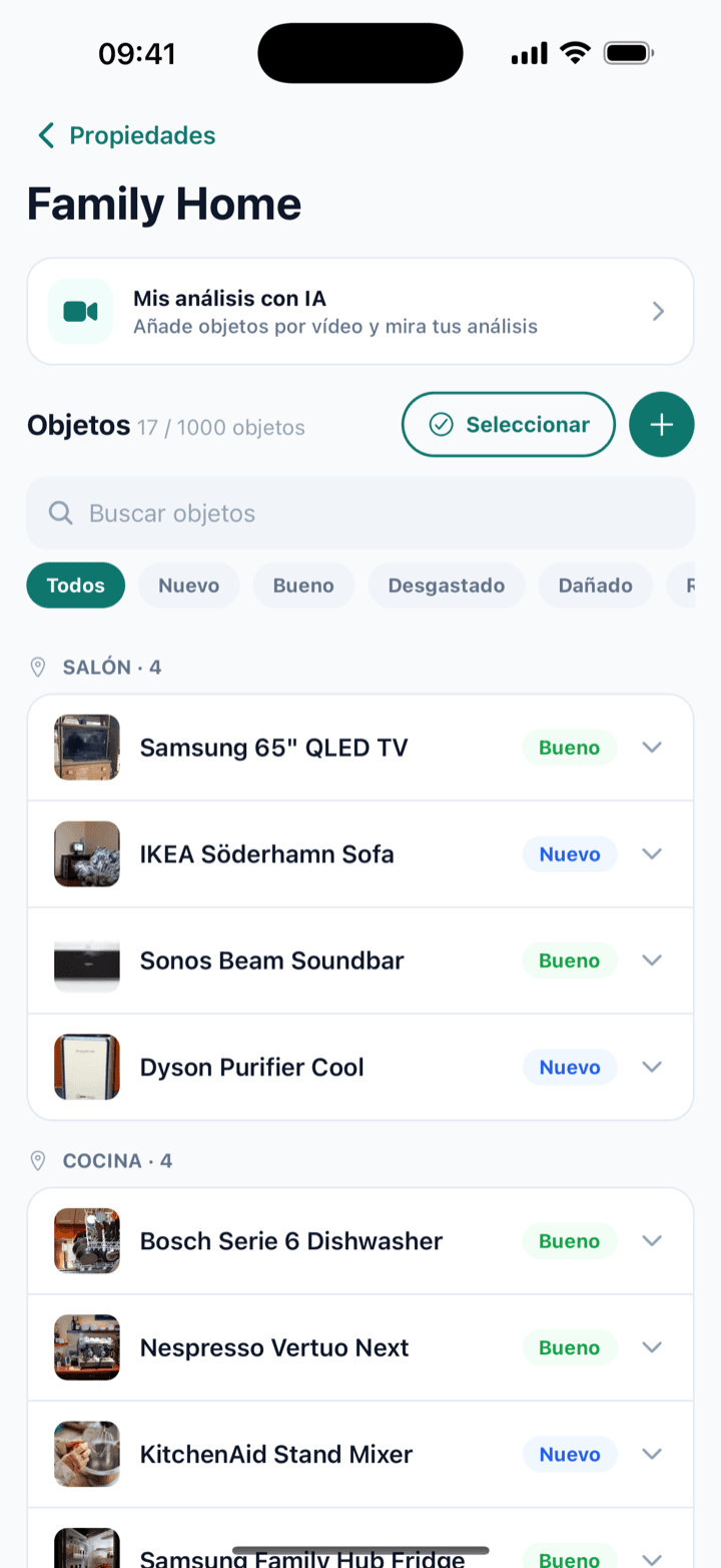 La app de inventario del hogar que filma el papeleo por ti — Homover home inventory app screen listing items with condition and value