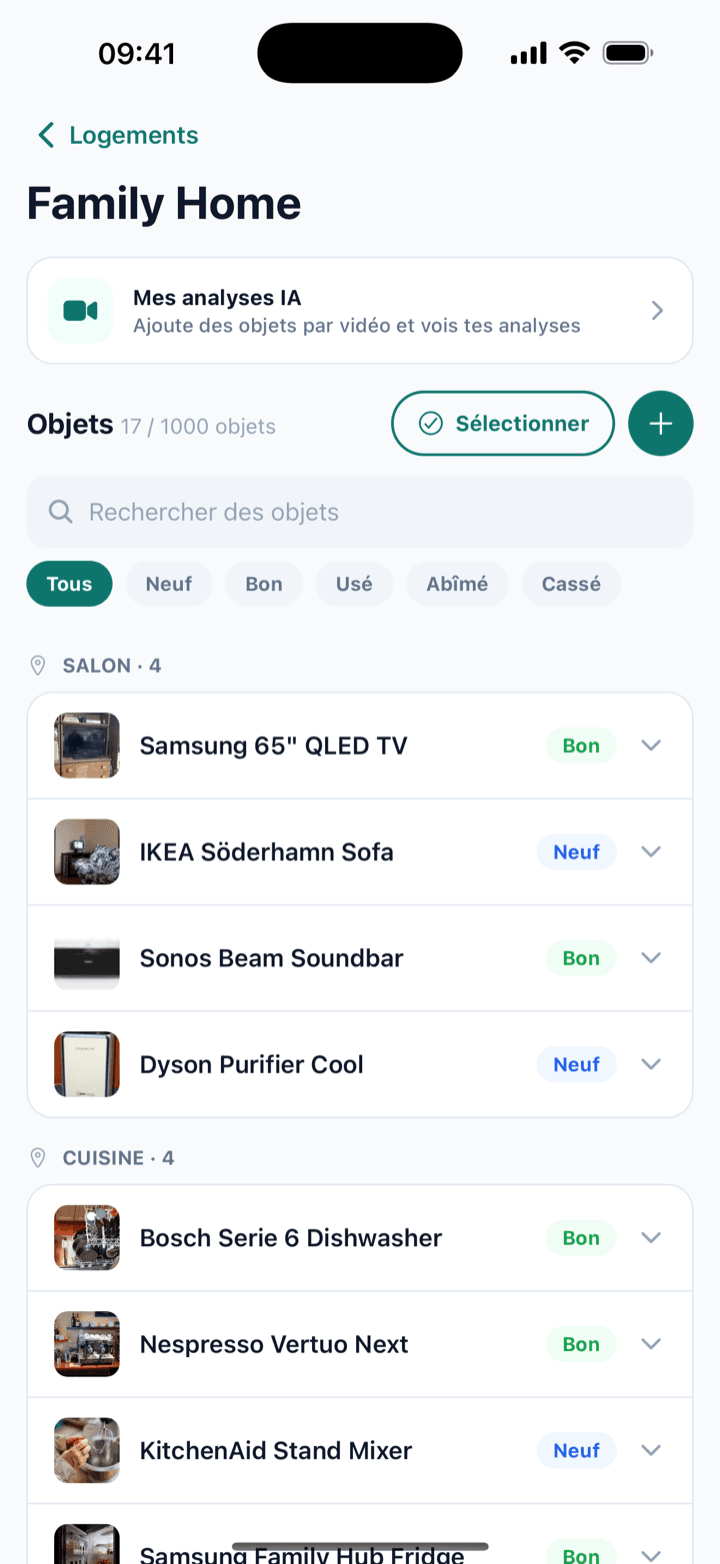 L'app d'inventaire maison qui filme la paperasse pour toi — Homover home inventory app screen listing items with condition and value