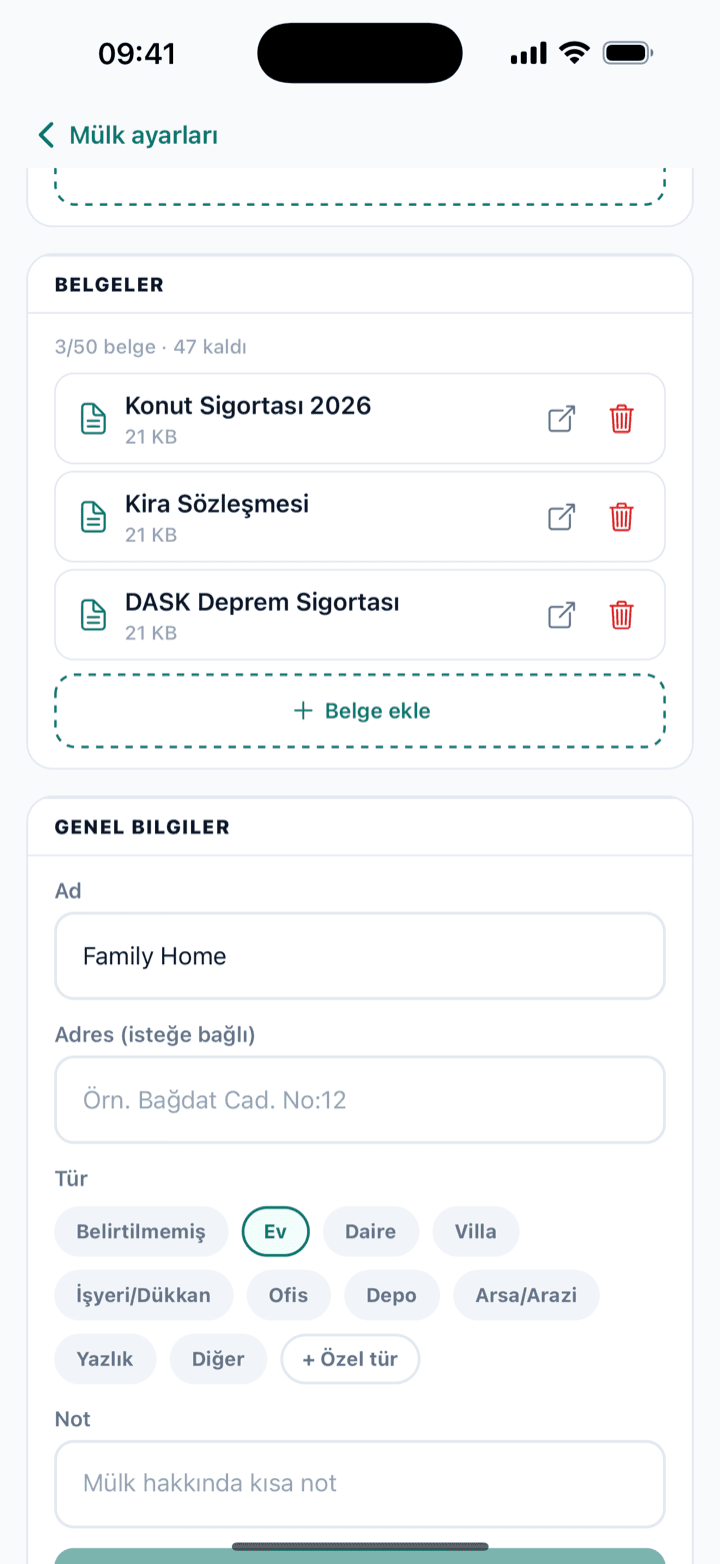 Mülkünün belgeleri de yanında. — property documents screen storing insurance, deed and lease files