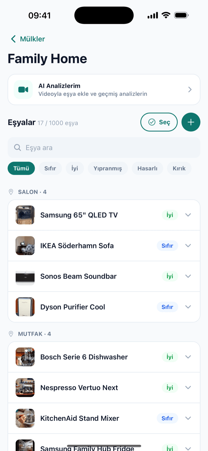 Ev envanterini yapay zekâ çıkarsın — sen sadece video çek. — Homover home inventory app screen listing items with condition and value